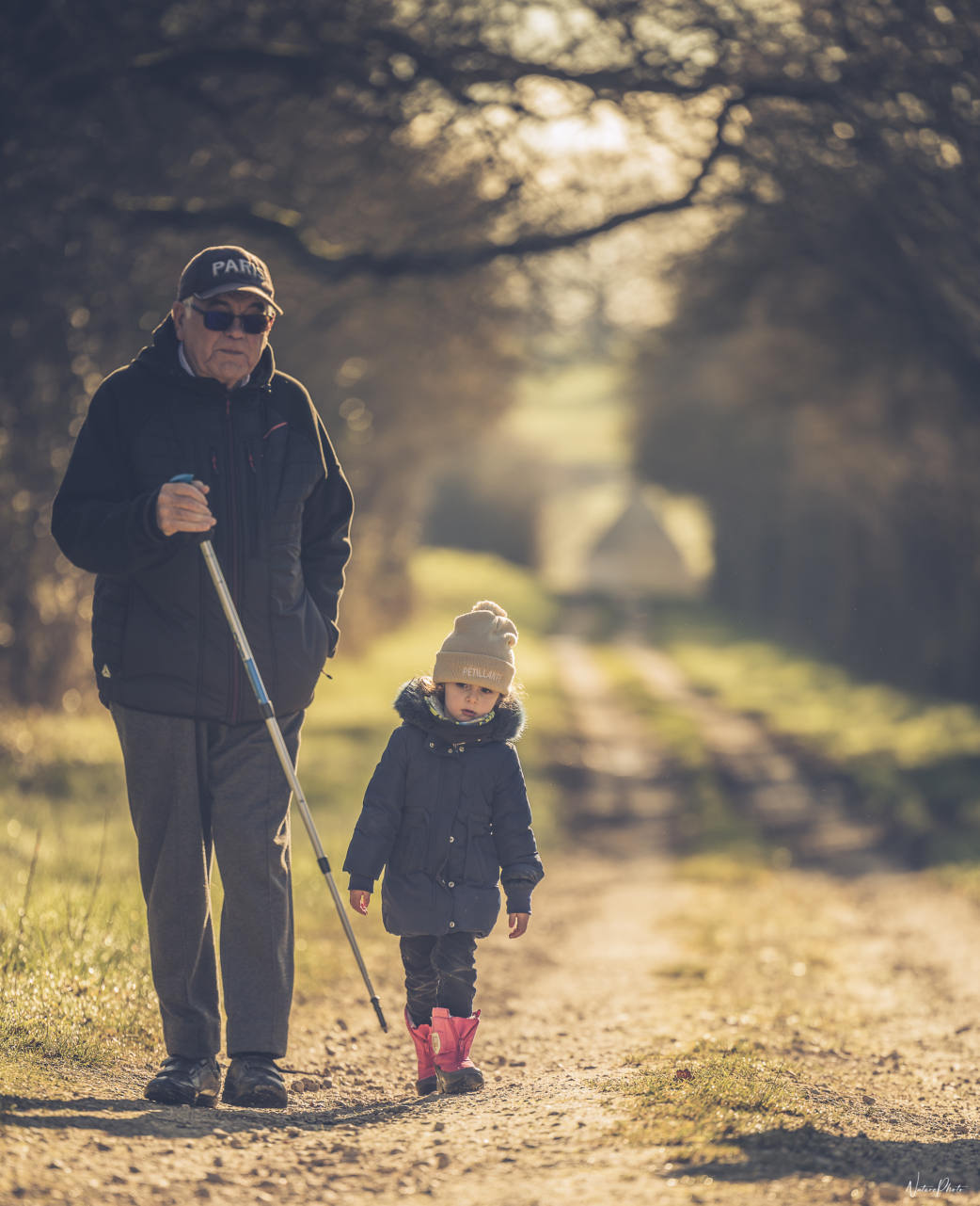 Un grand-père et un jeune enfant marchent sur un chemin de forêt